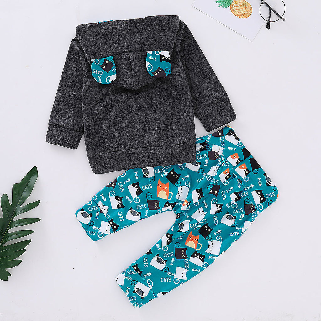 Baby Cat Print Outfit Set – Soft 100% Cotton Top & Trousers (70–100cm)

