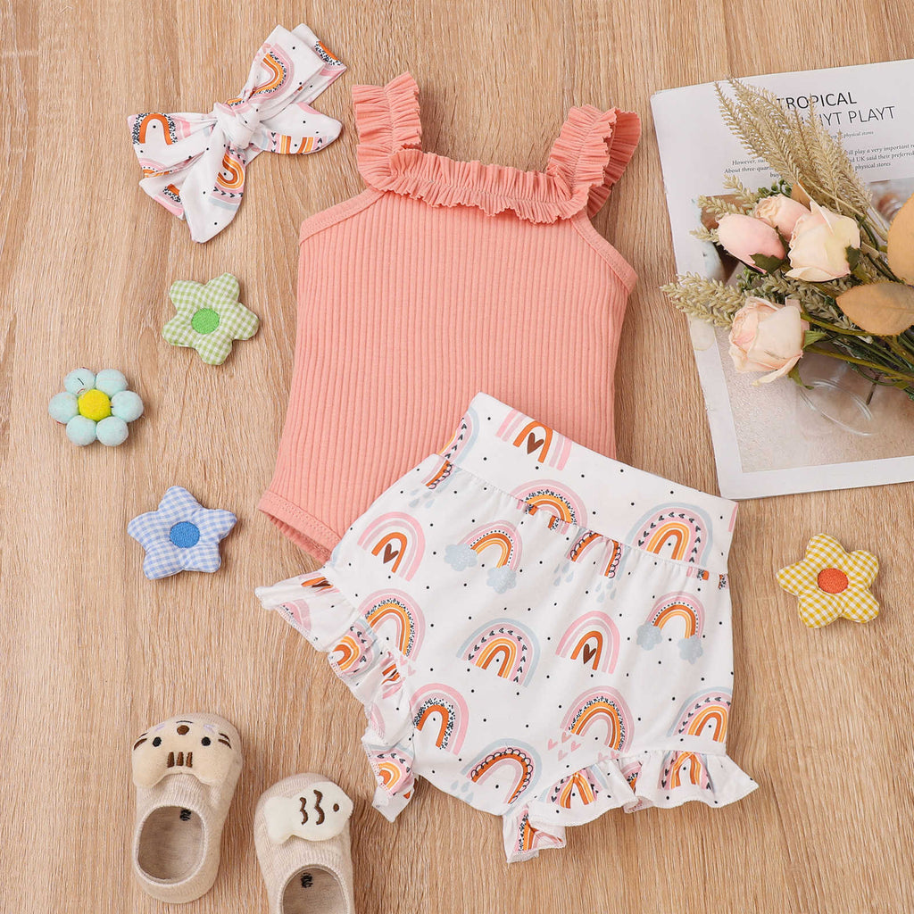 Girls' Rainbow Print Romper — Soft Cotton Summer Outfit with Zipper