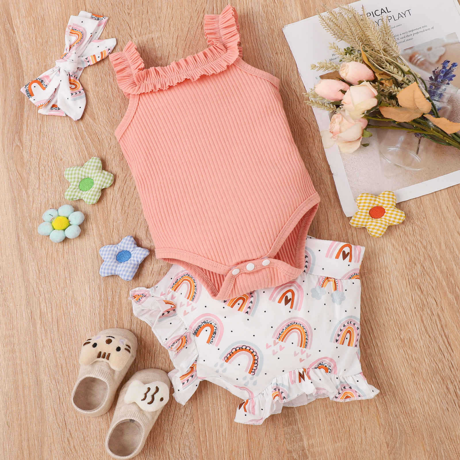 Girls' Rainbow Print Romper — Soft Cotton Summer Outfit with Zipper