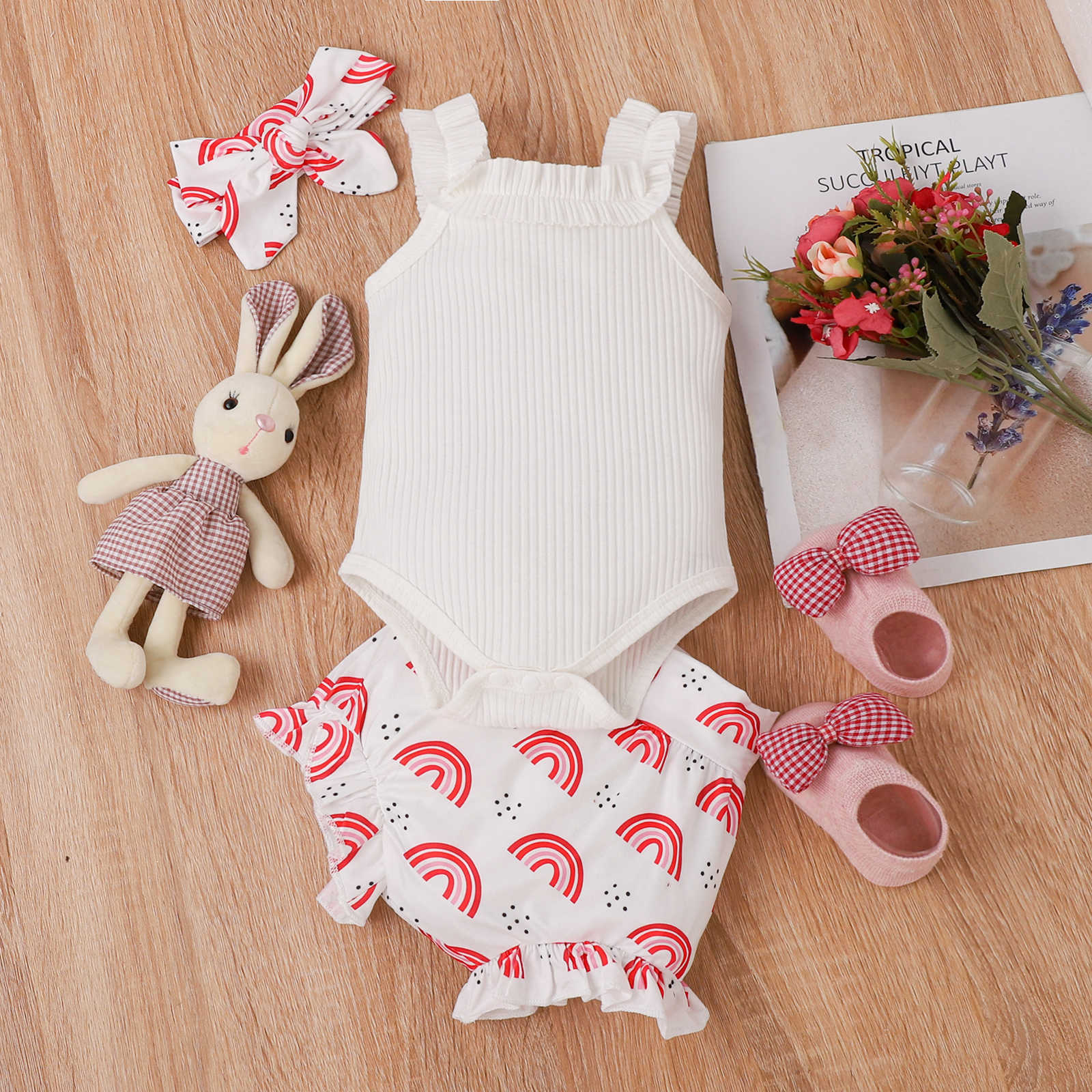 Girls' Rainbow Print Romper — Soft Cotton Summer Outfit with Zipper