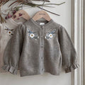 Kids Floral Knit Sweater Coat – Soft Cotton Long-Sleeve Cardigan in Apricot & Gray (73–100cm)