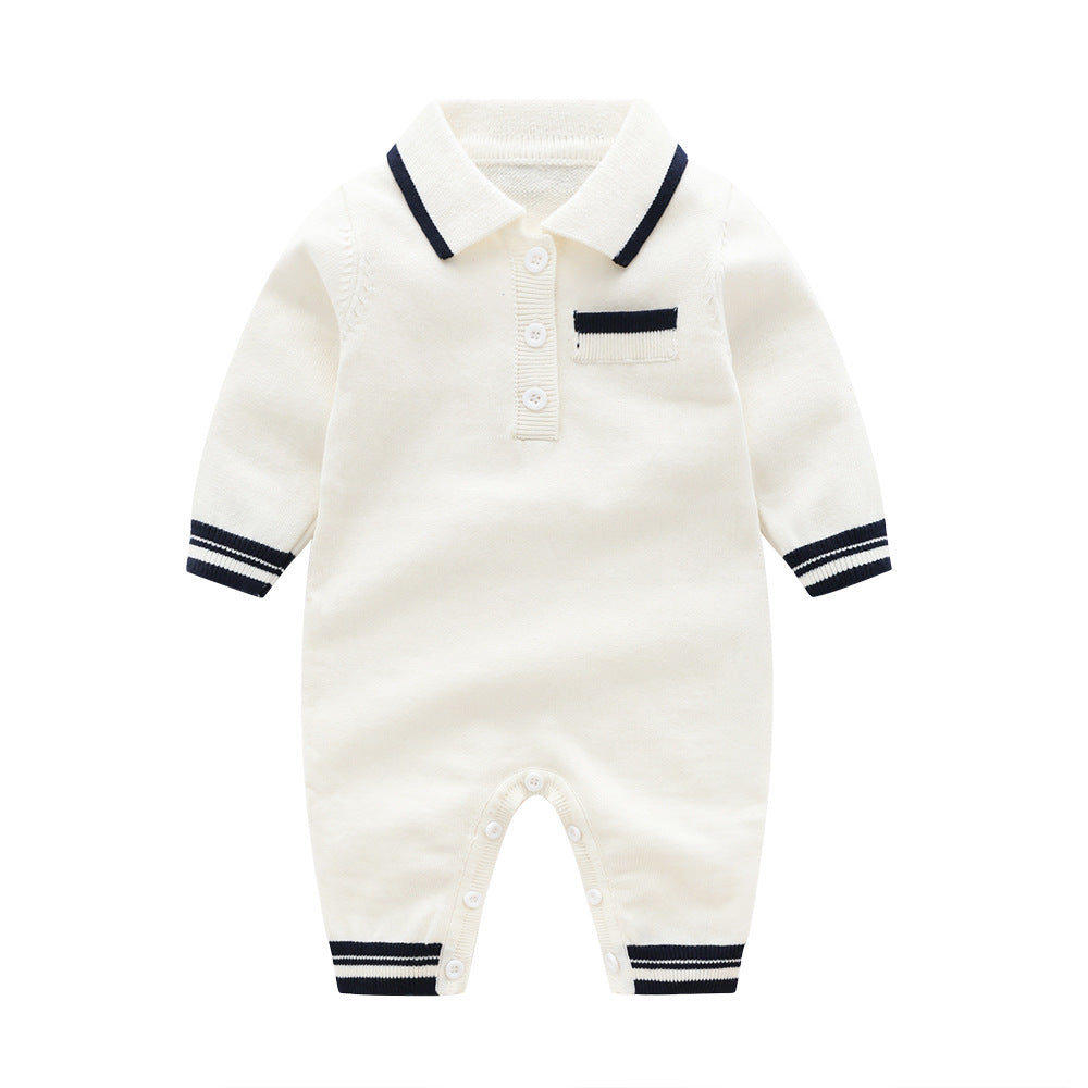 Baby Knitted Romper | 100% Cotton | Autumn Collection | Light Blue, Dark Blue & White