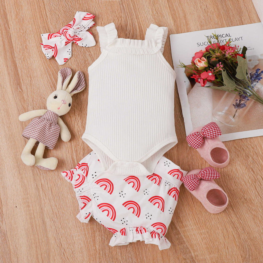 Girls' Rainbow Print Romper — Soft Cotton Summer Outfit with Zipper