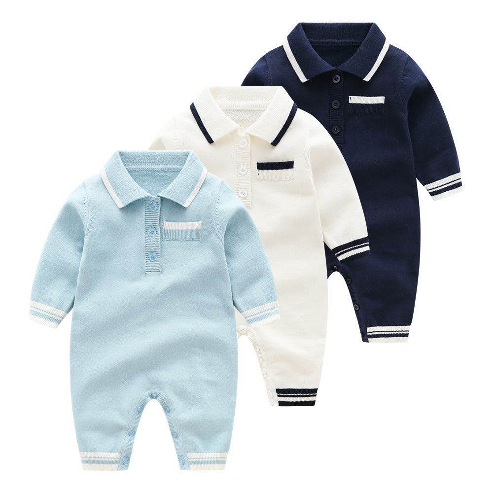 Baby Knitted Romper | 100% Cotton | Autumn Collection | Light Blue, Dark Blue & White