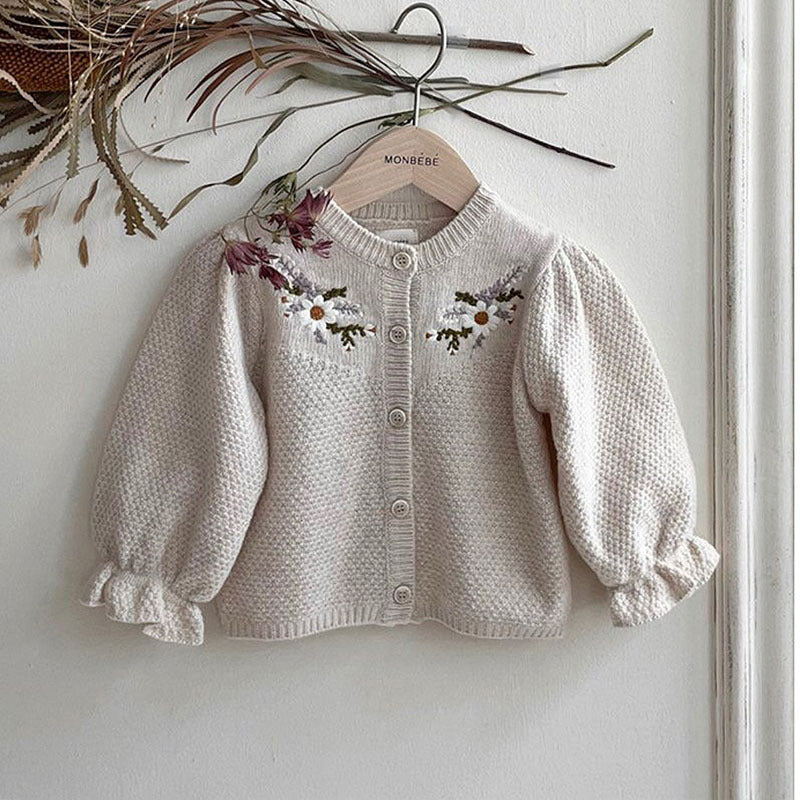 Kids Floral Knit Sweater Coat – Soft Cotton Long-Sleeve Cardigan in Apricot & Gray (73–100cm)