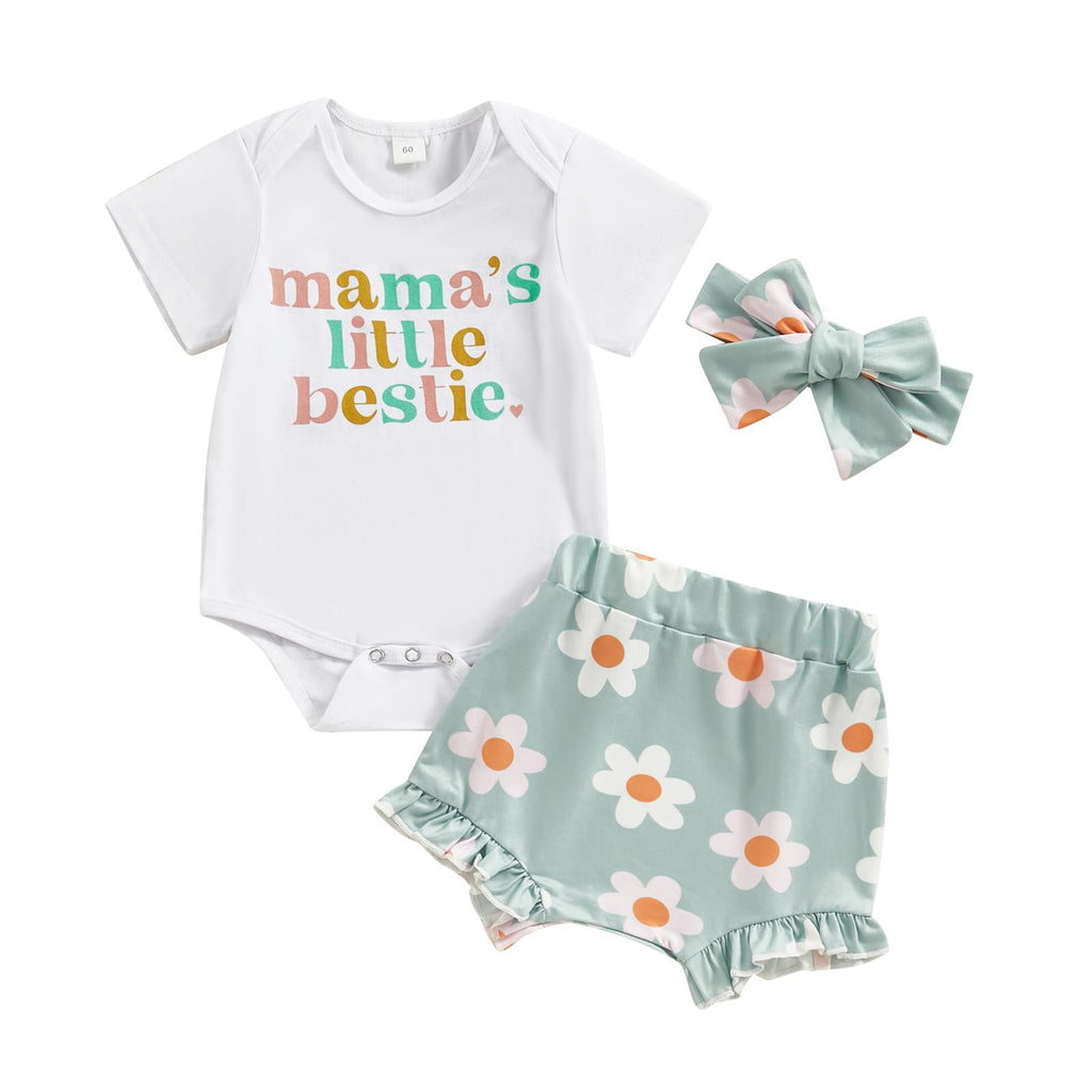Mama’s Little Bestie Baby Girl Set — Romper, Daisy Shorts & Headband, 3-Piece