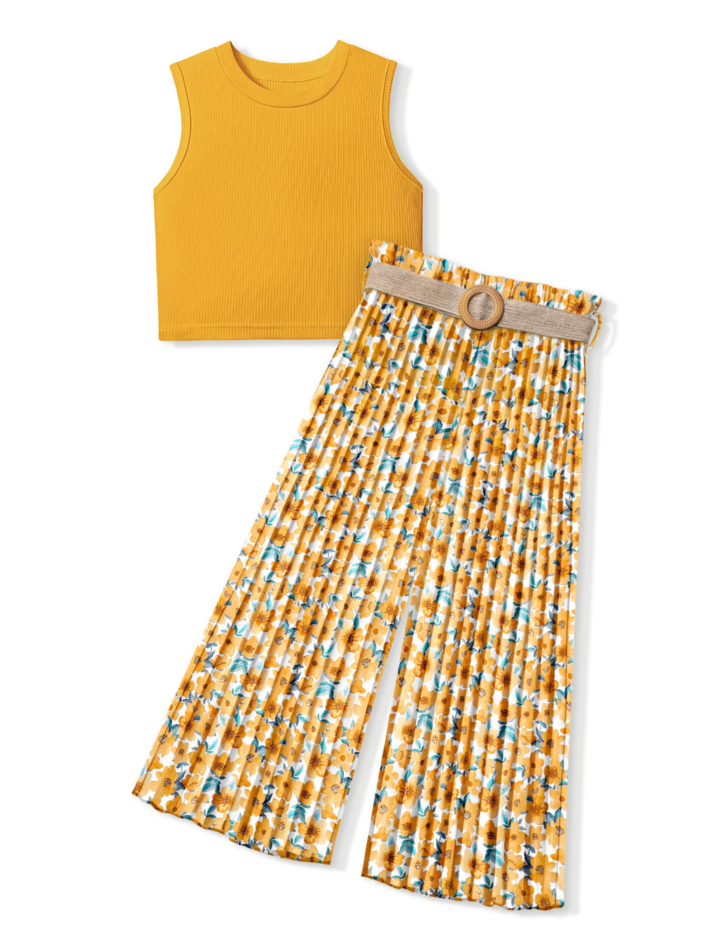 Girls 2-Piece Summer Outfit - Crop Tank Top & Wide Leg Pants Set for Teens (7-14Y)