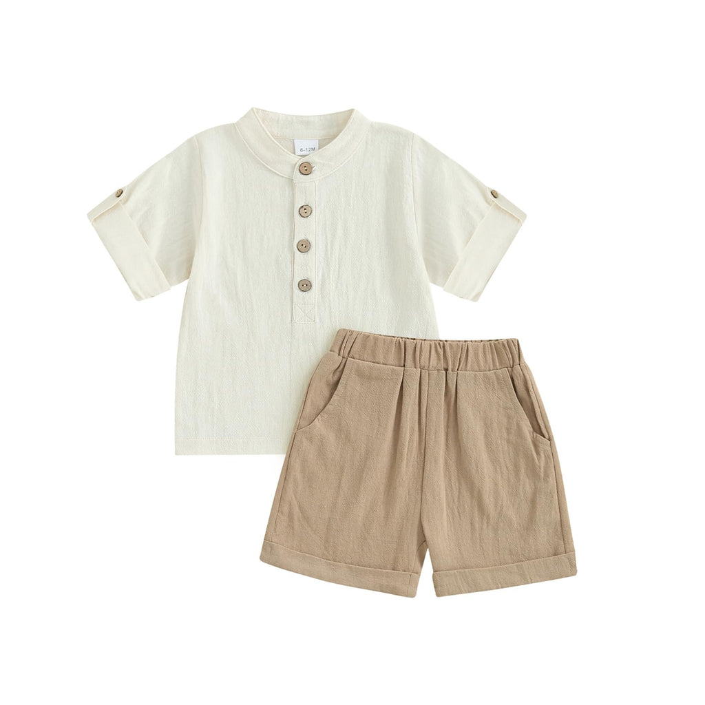 Baby Boy Summer Outfit Set — Cotton Linen Henley Shirt & Shorts