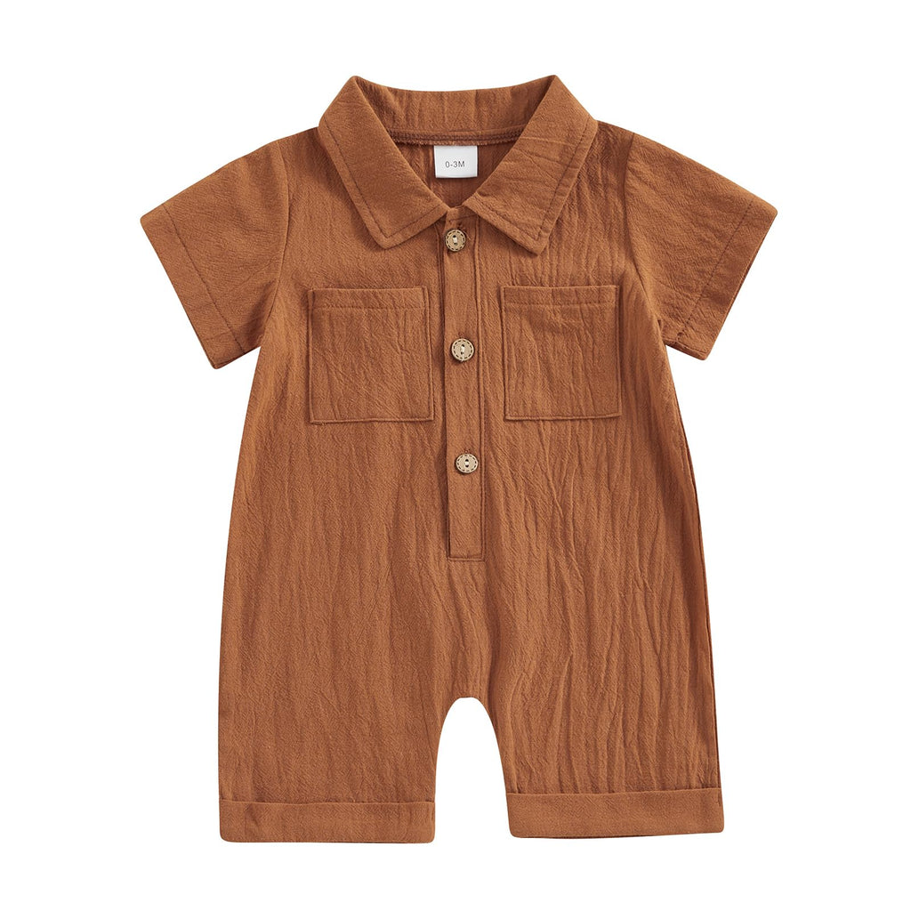 Baby Boy Linen Shirt Romper | Short Sleeve Button-Down One-Piece