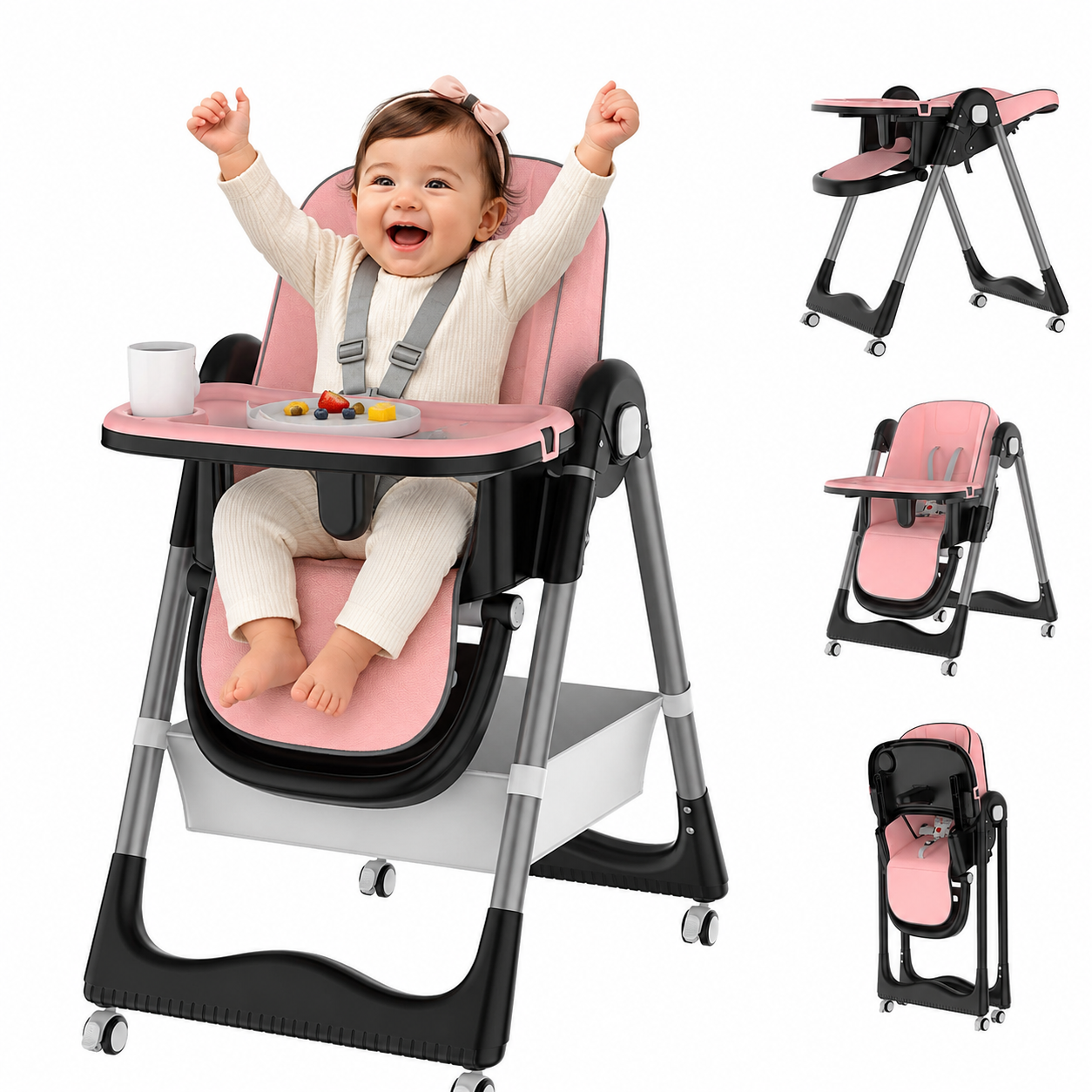 3-in-1 Foldable Baby High Chair for Babies & Toddlers | 8 Heights, Wheels & Double Tray