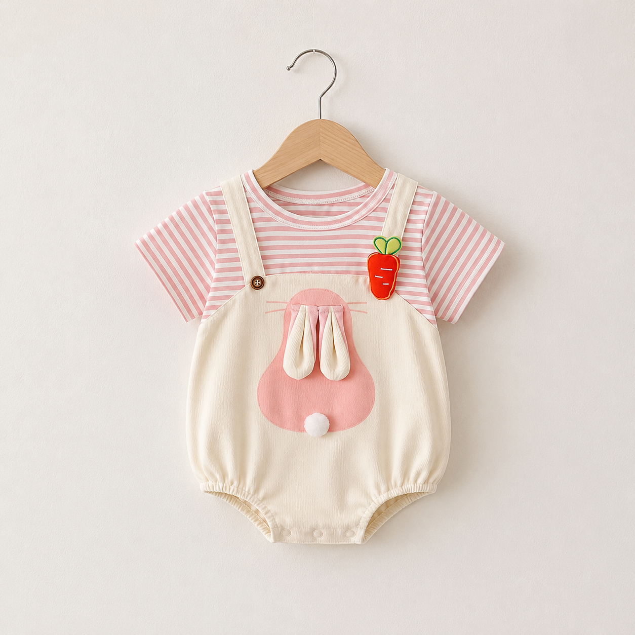 Baby Girl Cartoon Rabbit Striped Romper | Fake Two-Piece