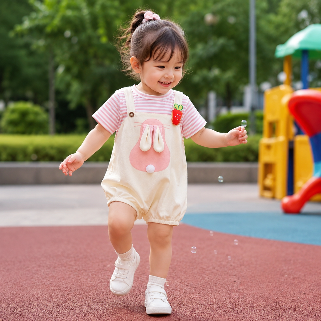 Baby Girl Cartoon Rabbit Striped Romper | Fake Two-Piece