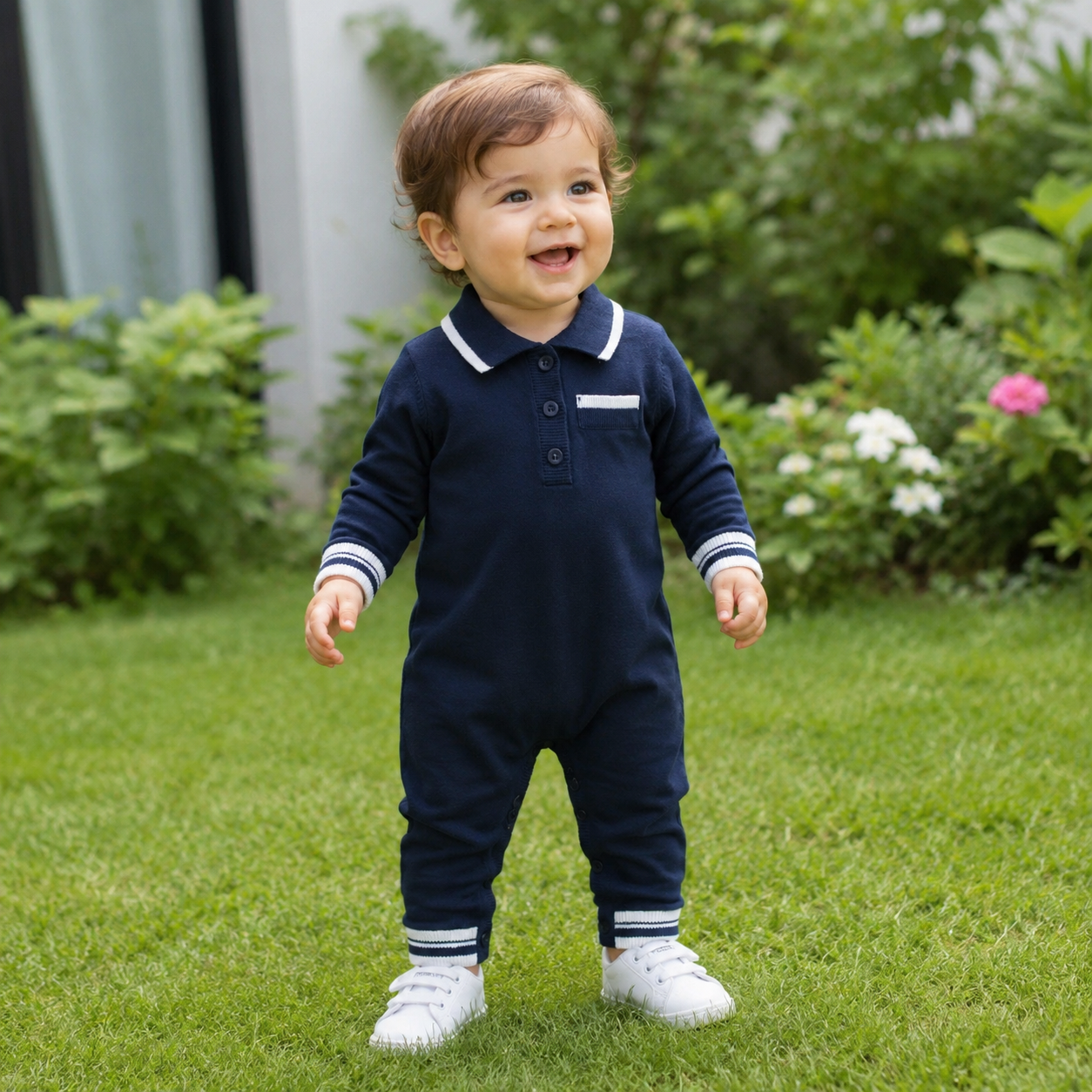 Baby Knitted Romper | 100% Cotton | Autumn Collection | Light Blue, Dark Blue & White