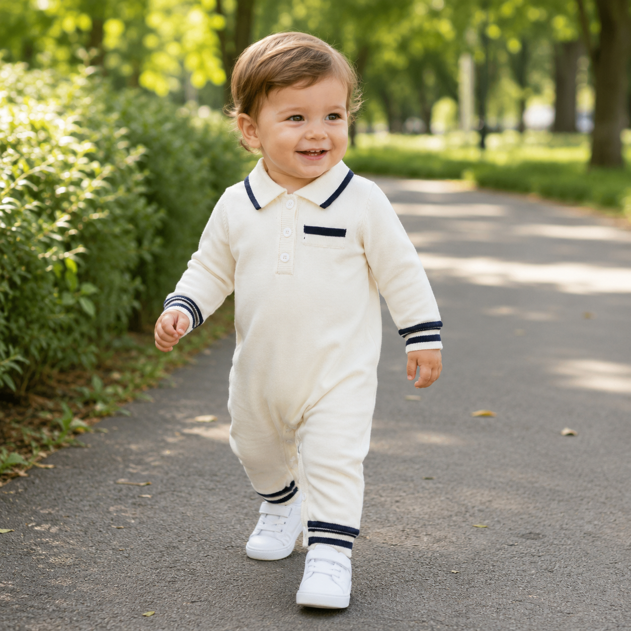 Baby Knitted Romper | 100% Cotton | Autumn Collection | Light Blue, Dark Blue & White