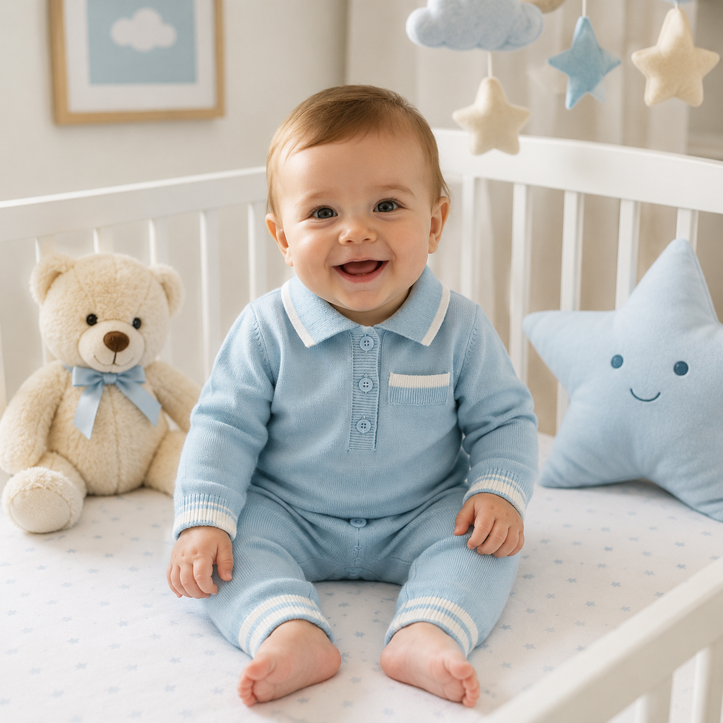 Baby Knitted Romper | 100% Cotton | Autumn Collection | Light Blue, Dark Blue & White