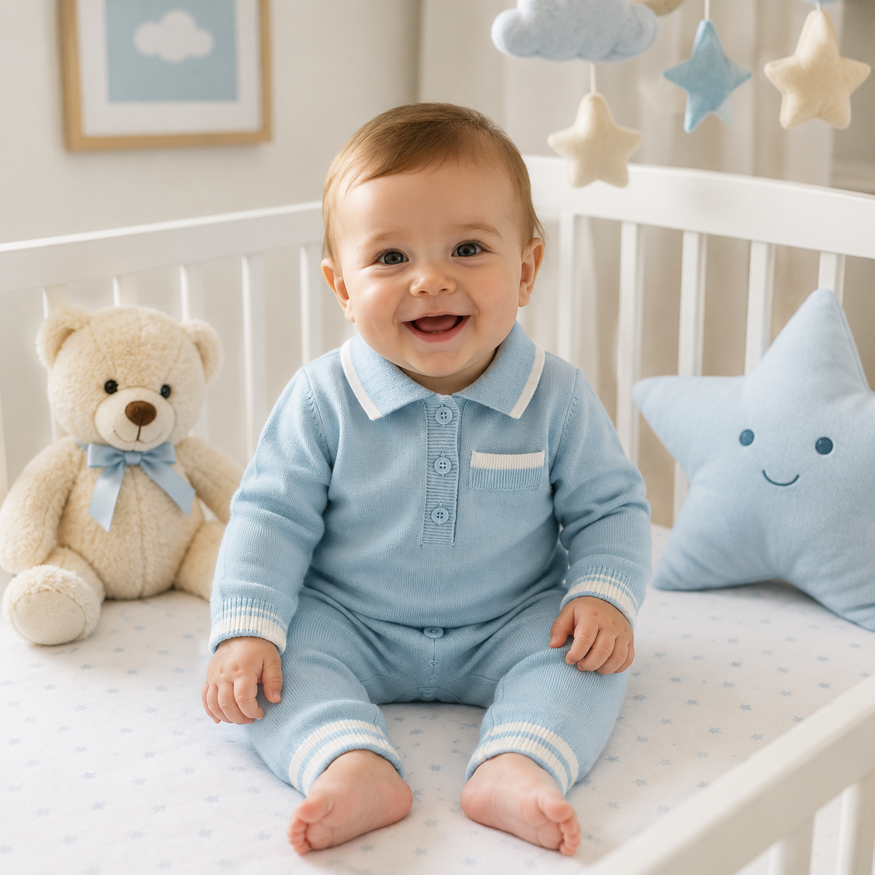 Baby Knitted Romper | 100% Cotton | Autumn Collection | Light Blue, Dark Blue & White
