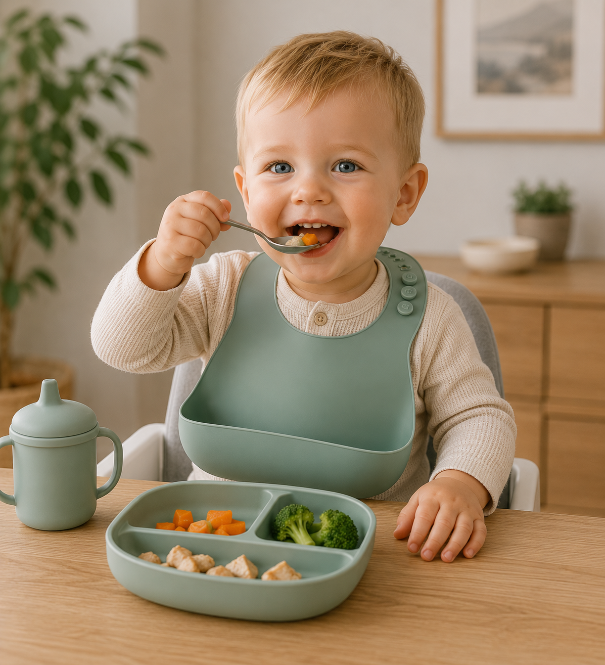NumNum Silicone Bib | 100% Food Grade | Waterproof & Adjustable | Ages 6-72M | Glacier Green