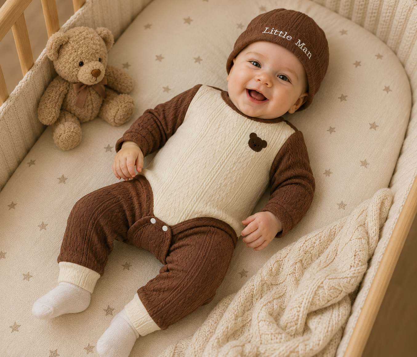Baby Boy Winter Outfit Set | Ribbed Romper + Pants + Hat | Bear Design | 0-18 Months | Brown