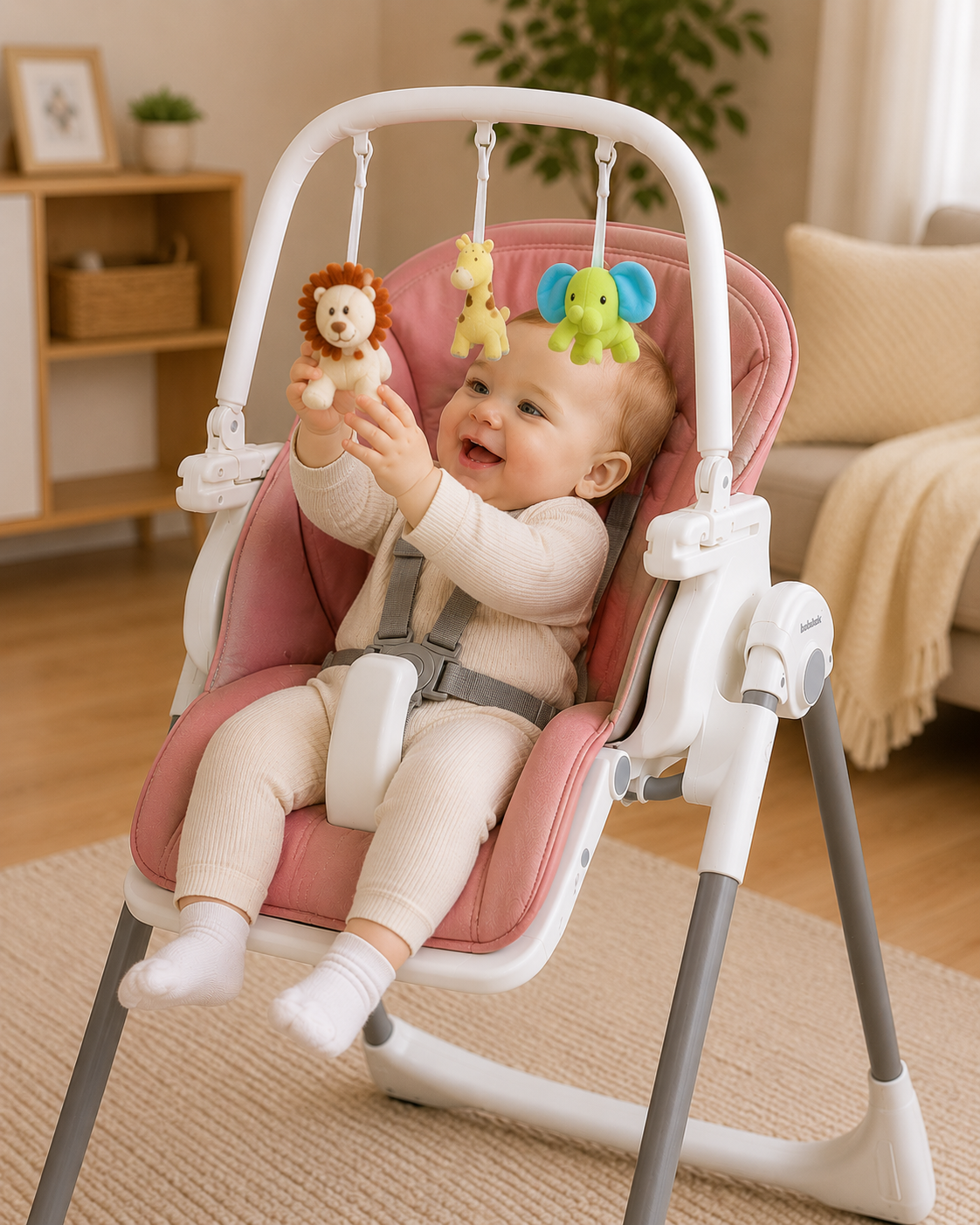 Bebehut Deluxe Adjustable High Chair for Babies & Toddlers – Foldable with Recline, Footrest & Free Toy Bar (Pink)