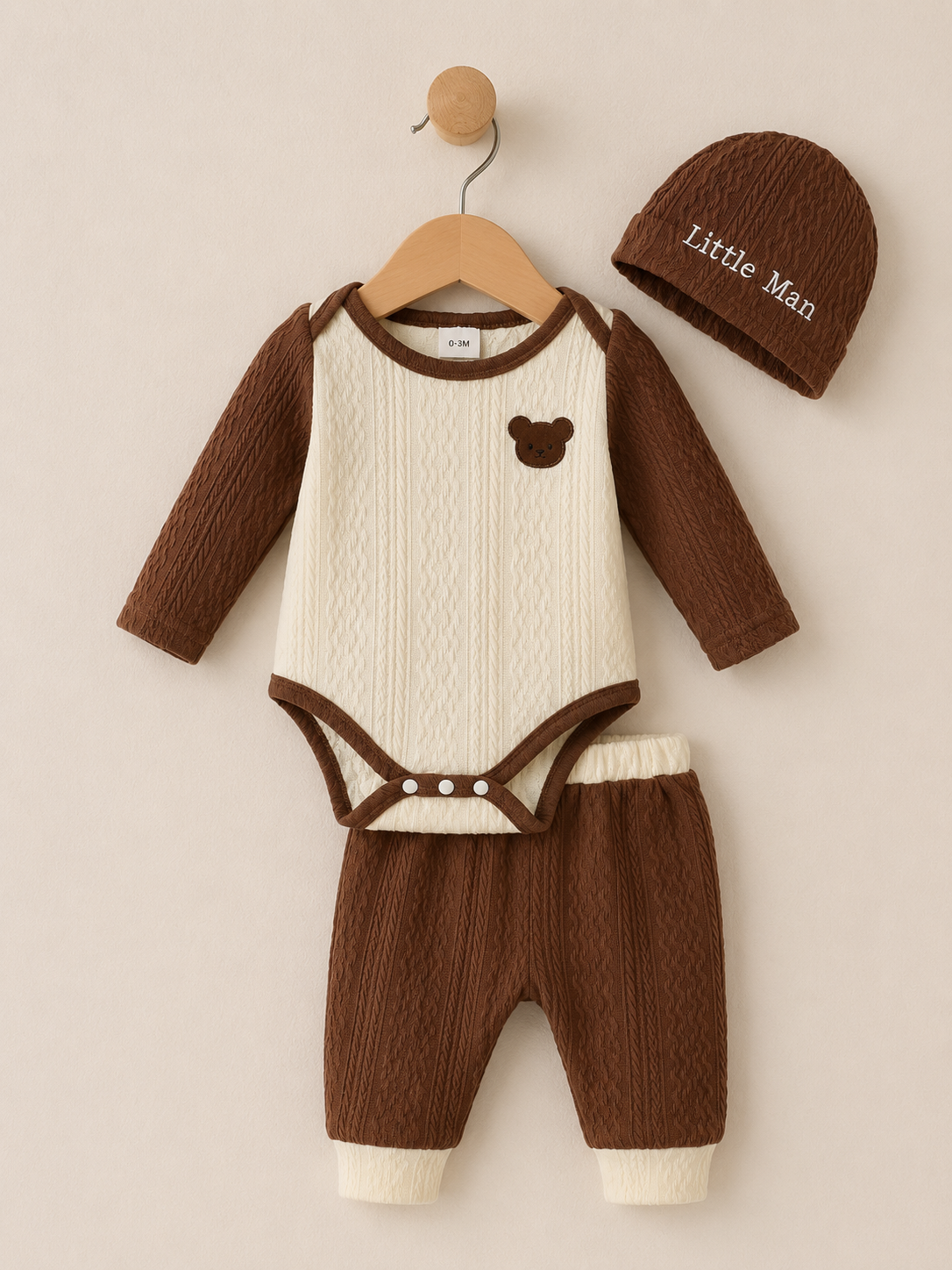 Baby Boy Winter Outfit Set | Ribbed Romper + Pants + Hat | Bear Design | 0-18 Months | Brown