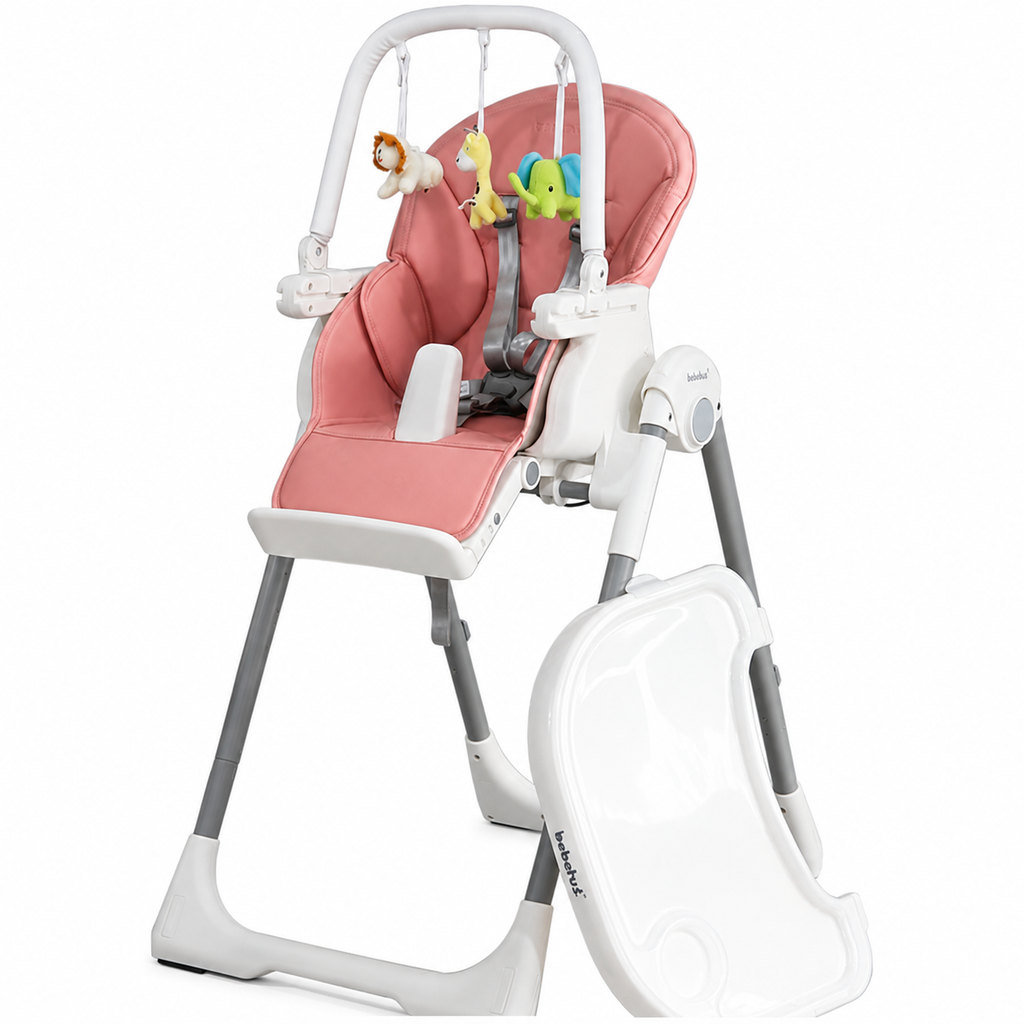 Bebehut Deluxe Adjustable High Chair for Babies & Toddlers – Foldable with Recline, Footrest & Free Toy Bar (Pink)