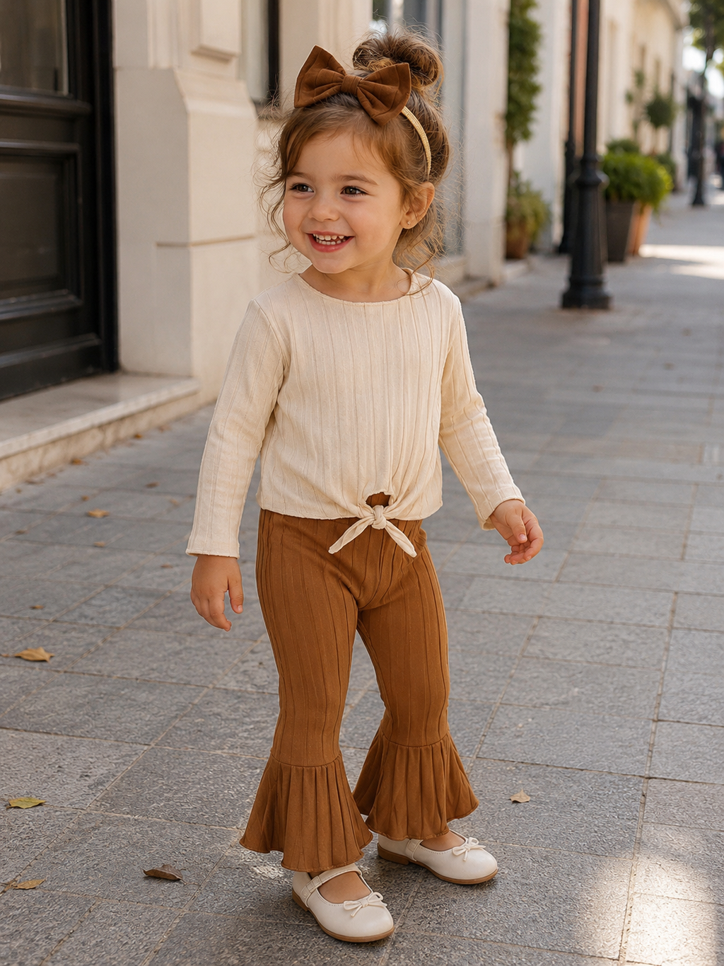 Toddler Girl 3-Piece Outfit Set | Ruffle Top + Bell Bottom Pants + Headband | Ages 2-4T | Brown