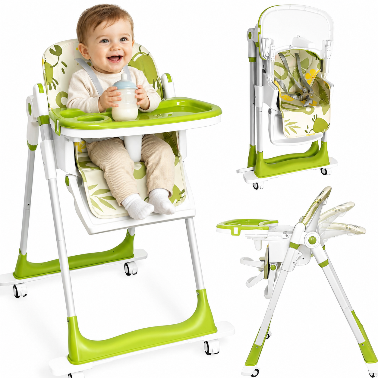 Foldable Baby High Chair with Wheels | 5-Point Harness, Adjustable Height & Recline | Green