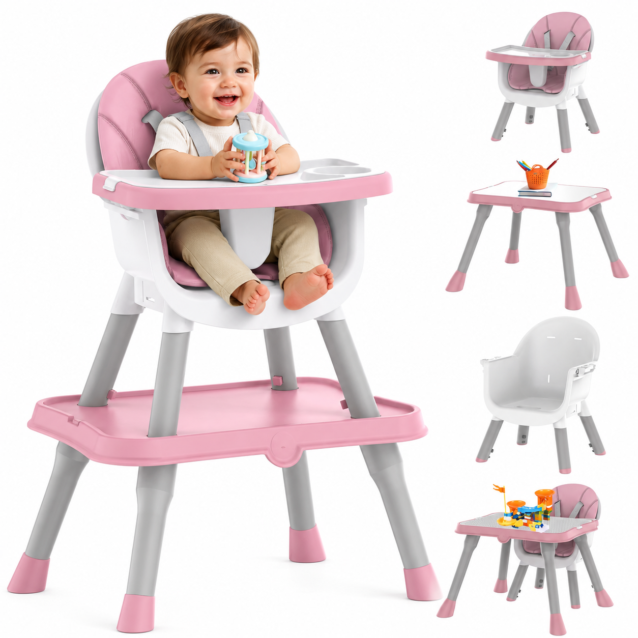 8-in-1 Baby High Chair & Toddler Table Set | Convertible, Portable & Safe | 6 Months–10 Years | Pink