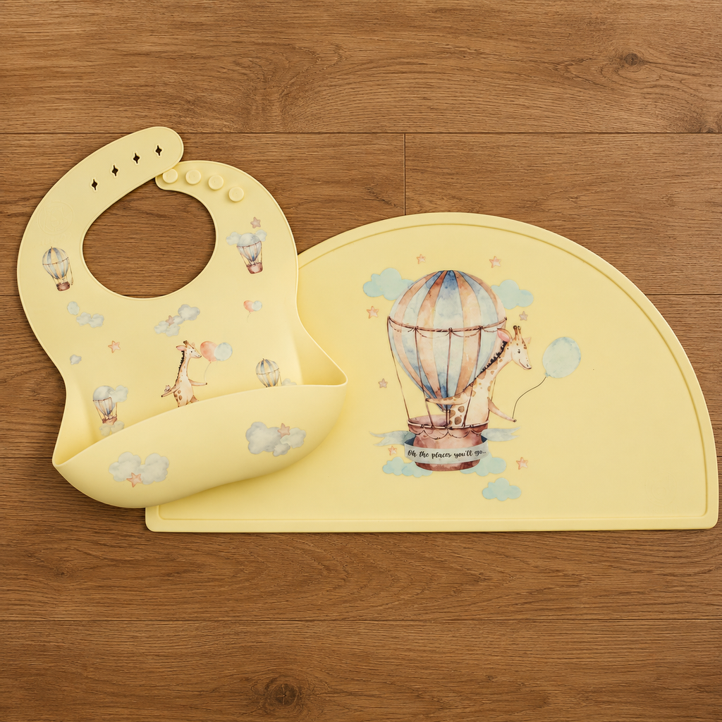 Mamabears Silicone Baby Bib & Mat Set | BPA-Free, Waterproof & Adjustable | Sunshine Giraffes