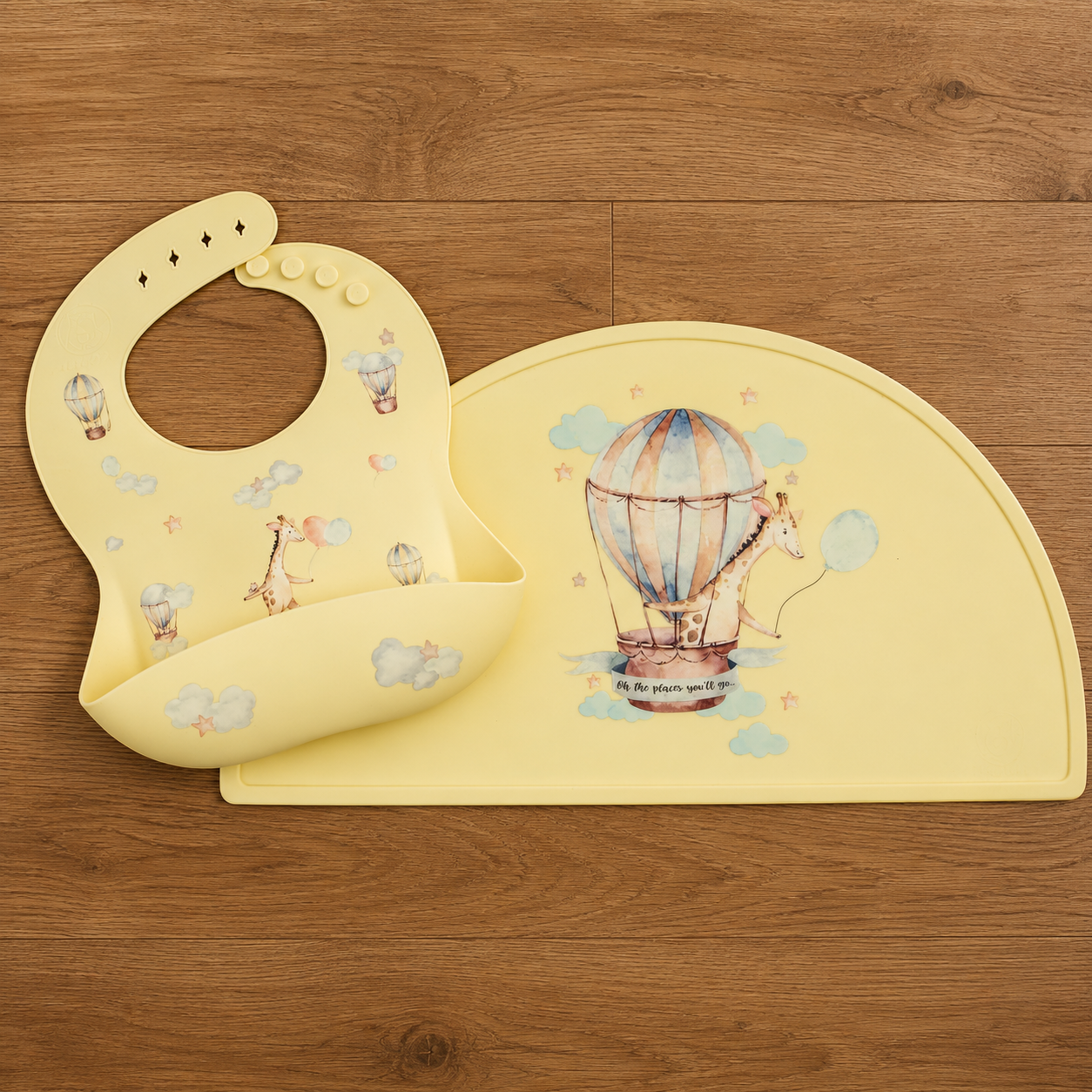 Mamabears Silicone Baby Bib & Mat Set | BPA-Free, Waterproof & Adjustable | Sunshine Giraffes