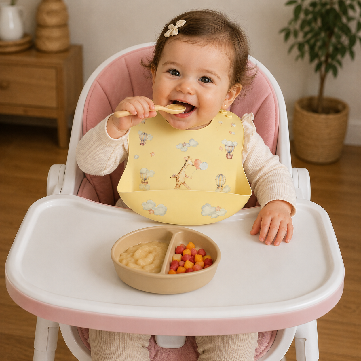 Mamabears Silicone Baby Bib & Mat Set | BPA-Free, Waterproof & Adjustable | Sunshine Giraffes