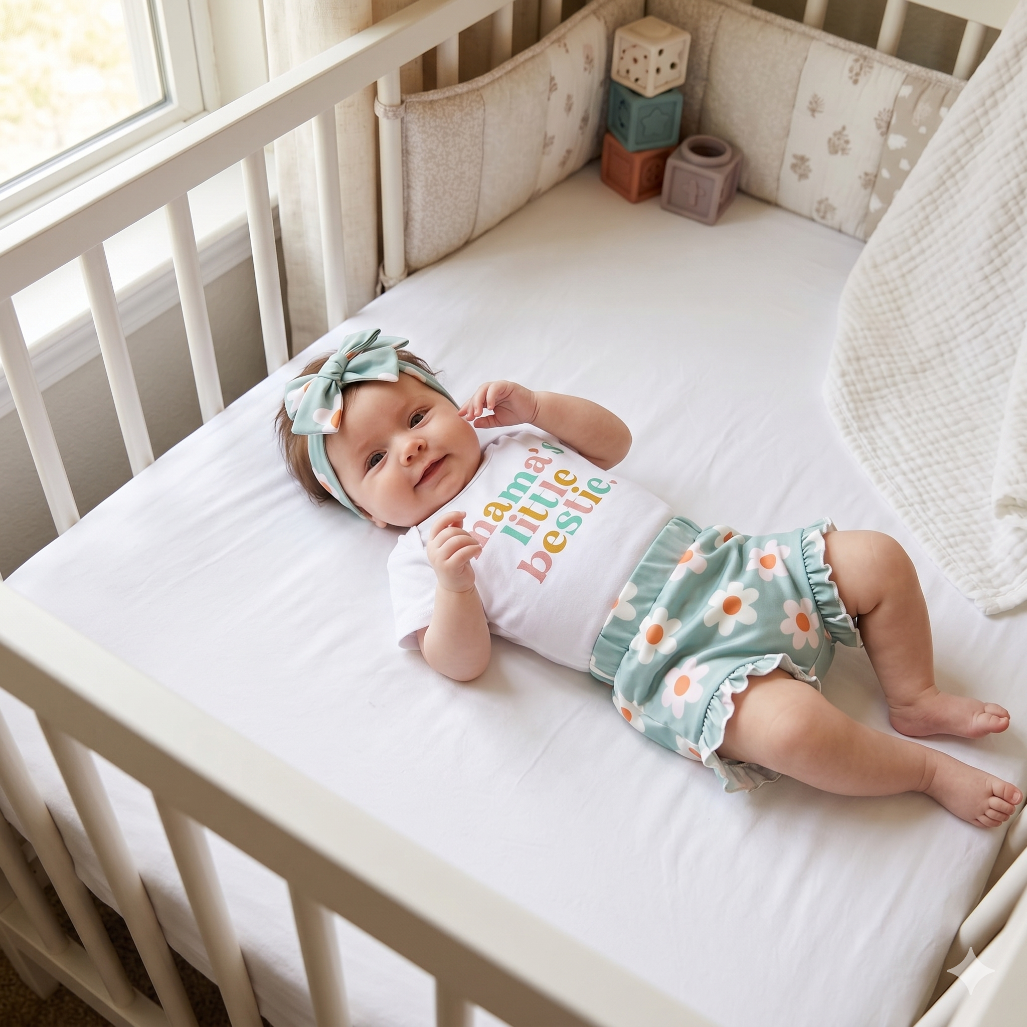 Mama’s Little Bestie Baby Girl Set — Romper, Daisy Shorts & Headband, 3-Piece