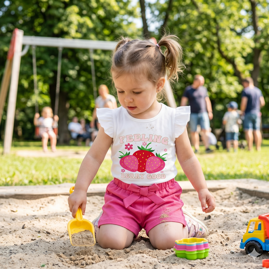 Baby Girl Summer Set — Ruffle T-Shirt & Bowknot Shorts, Strawberry Print