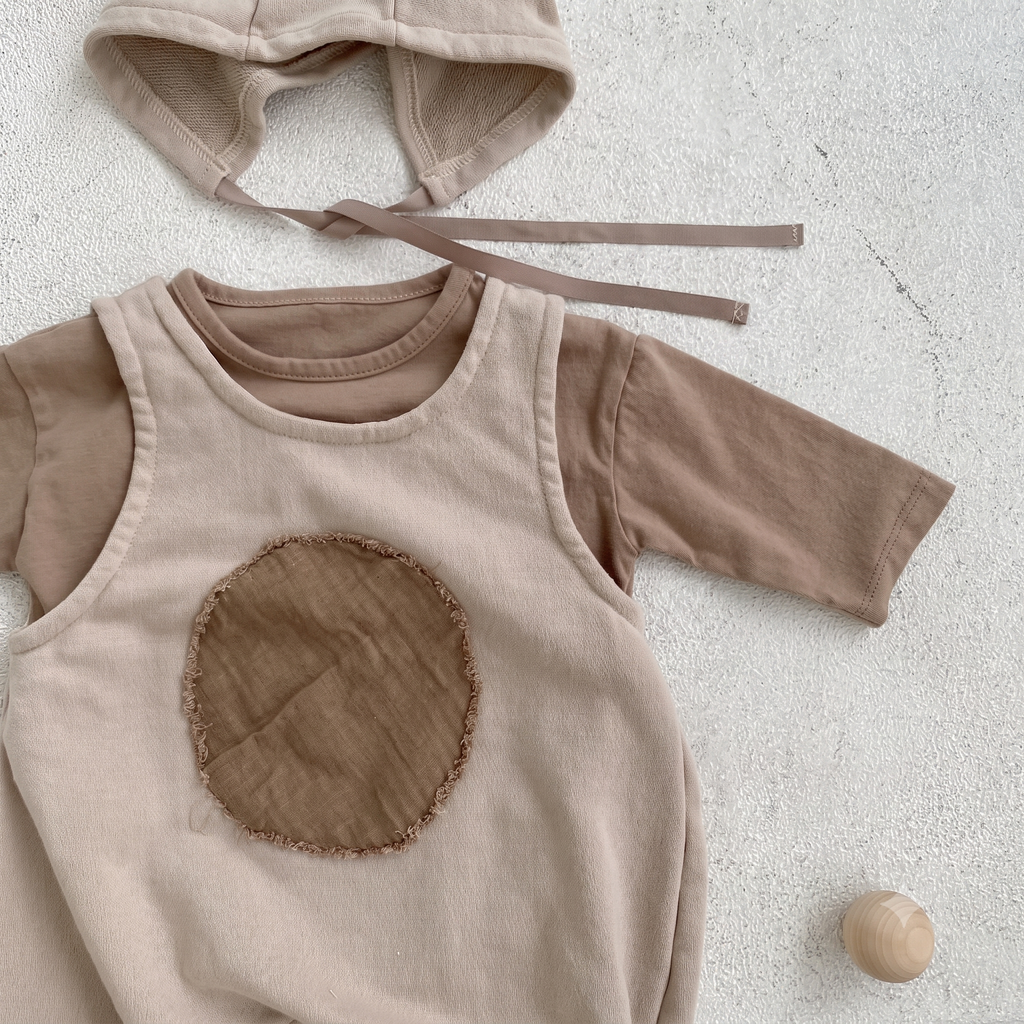 Baby Hooded Suspender Jumpsuit – Soft Cotton Romper in Khaki & White (66–90cm)
