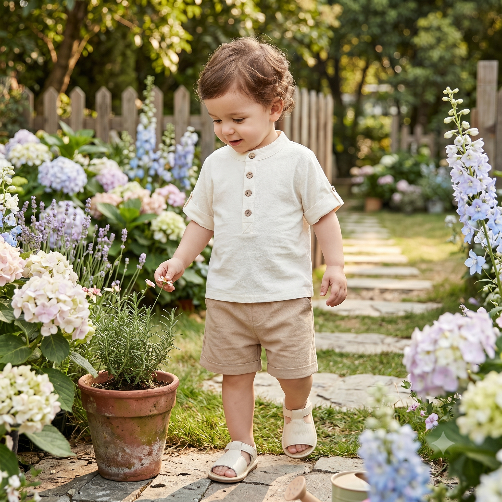 Baby Boy Summer Outfit Set — Cotton Linen Henley Shirt & Shorts