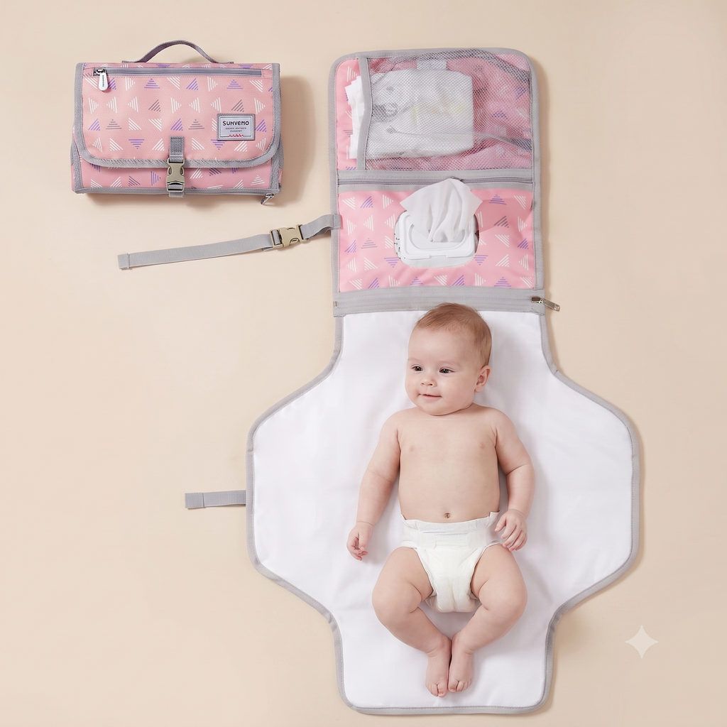 Foldable Travel Changing Pad – Waterproof Portable Baby Change Mat with Storage (Blue & Pink)