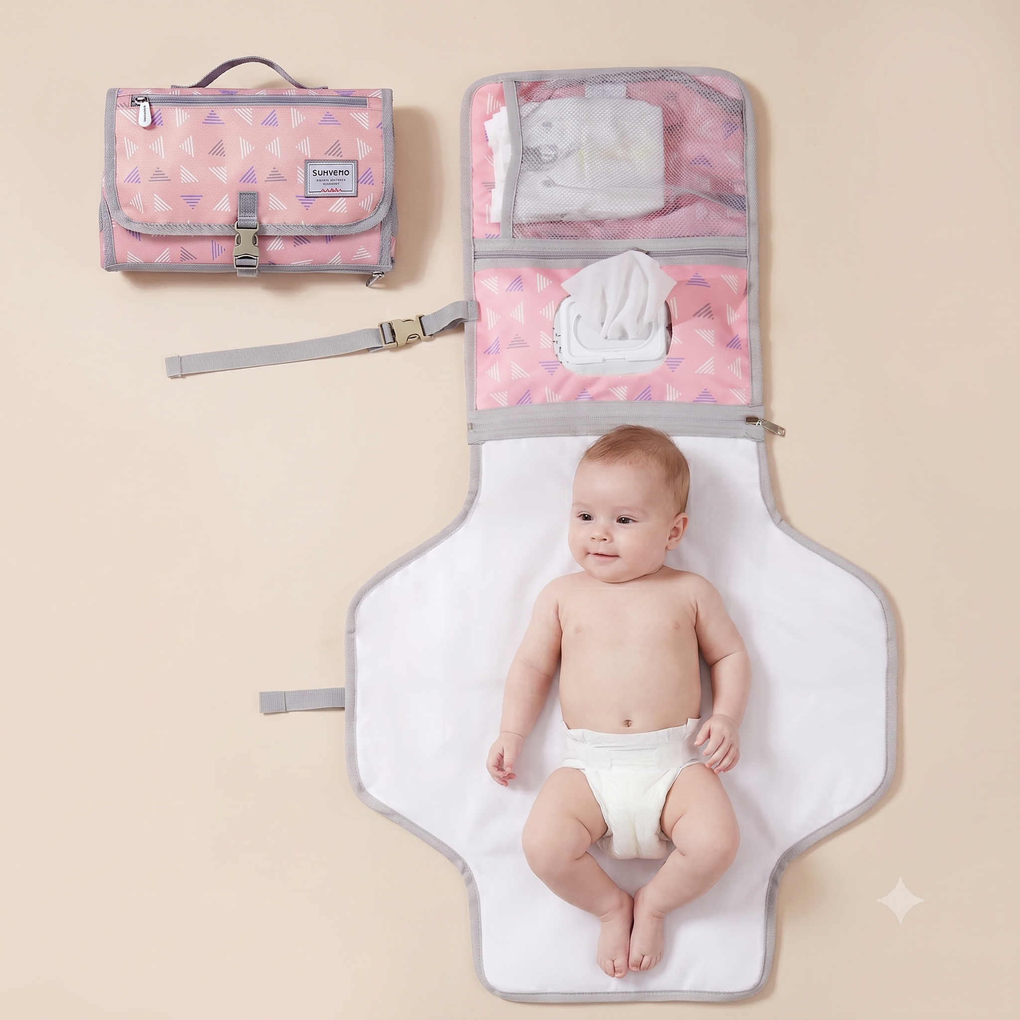 Foldable Travel Changing Pad – Waterproof Portable Baby Change Mat with Storage (Blue & Pink)