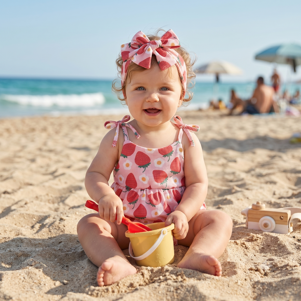 Baby Girl Strawberry Floral Bubble Romper — Sleeveless Onesie with Headband