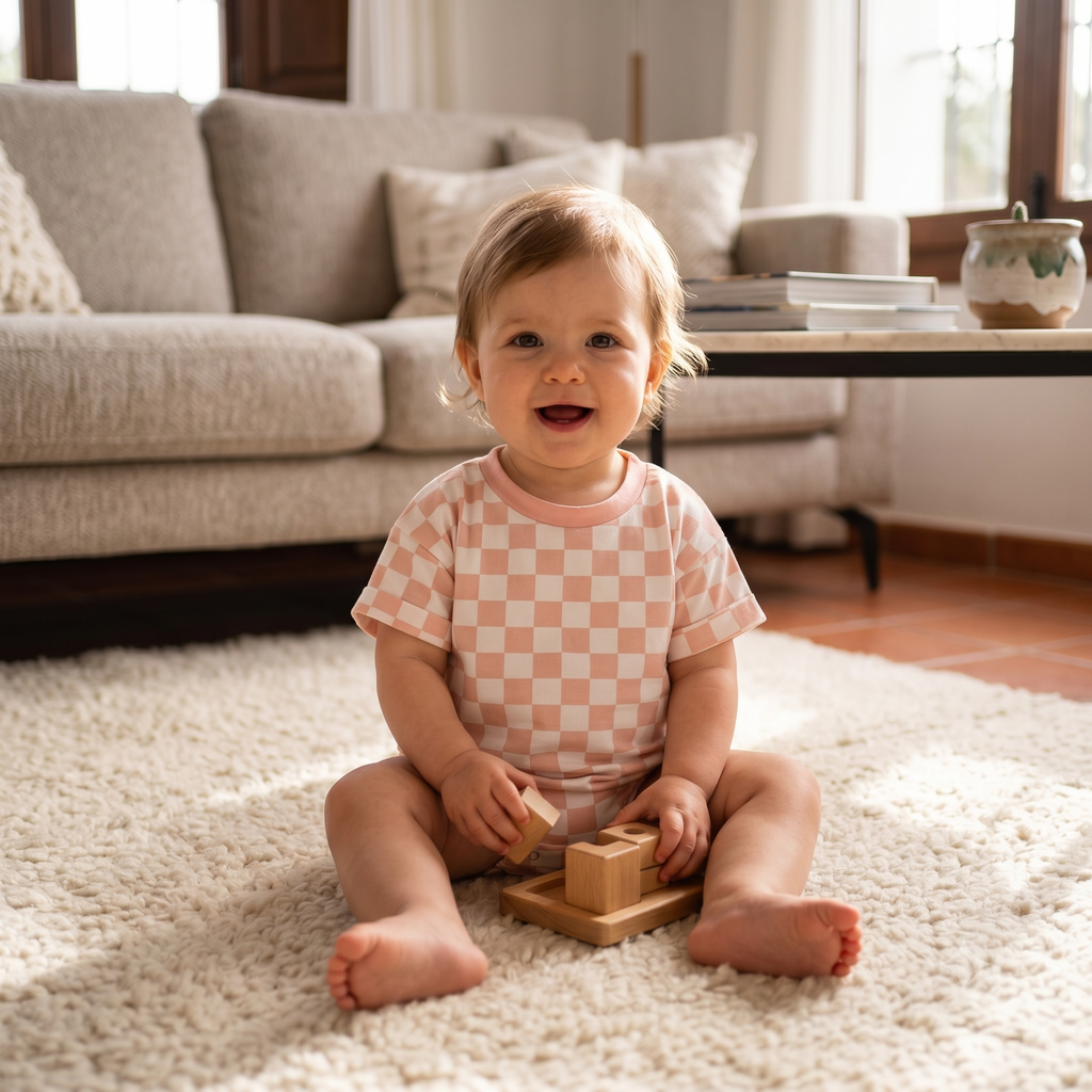 Baby Checkered Bubble Romper — Oversized Short Sleeve Onesie