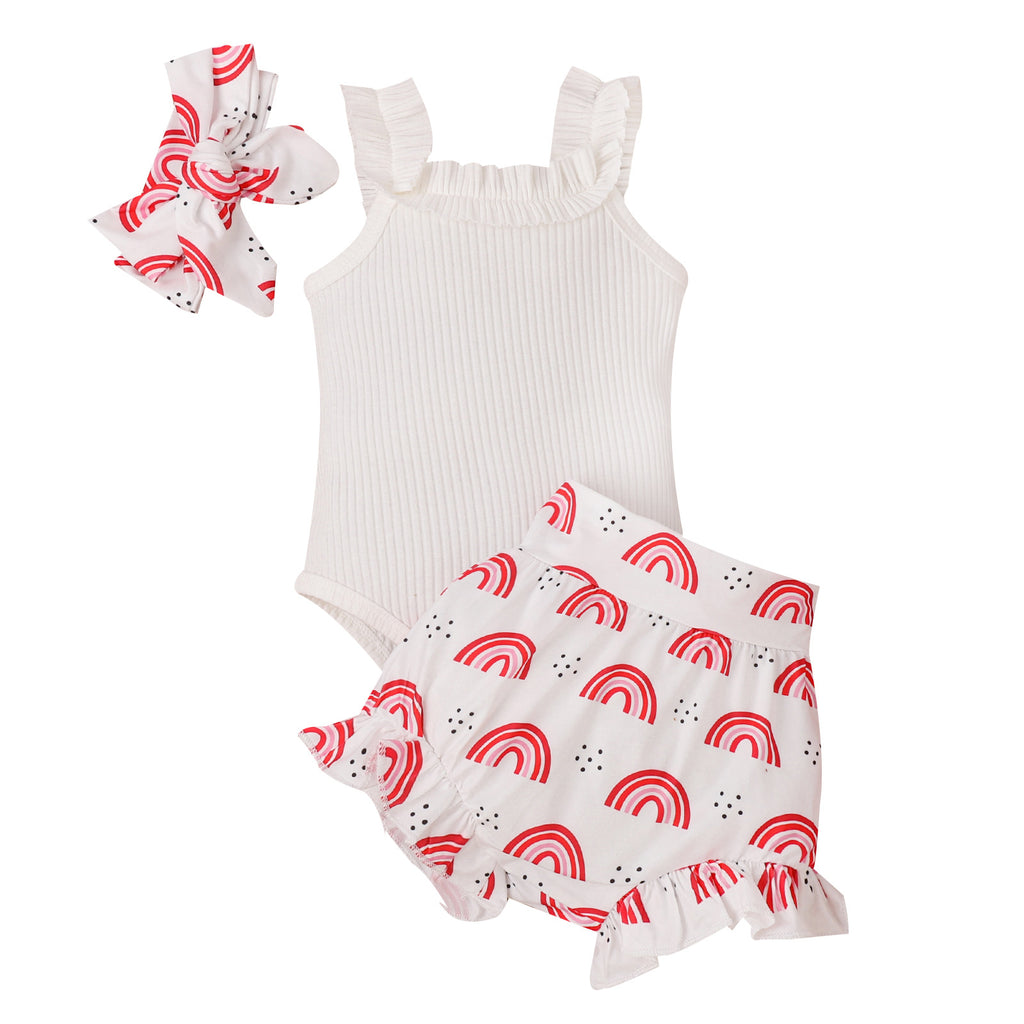 Girls' Rainbow Print Romper — Soft Cotton Summer Outfit with Zipper