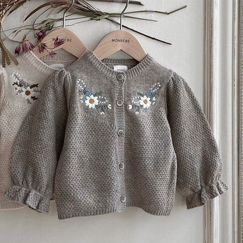 Kids Floral Knit Sweater Coat – Soft Cotton Long-Sleeve Cardigan in Apricot & Gray (73–100cm)