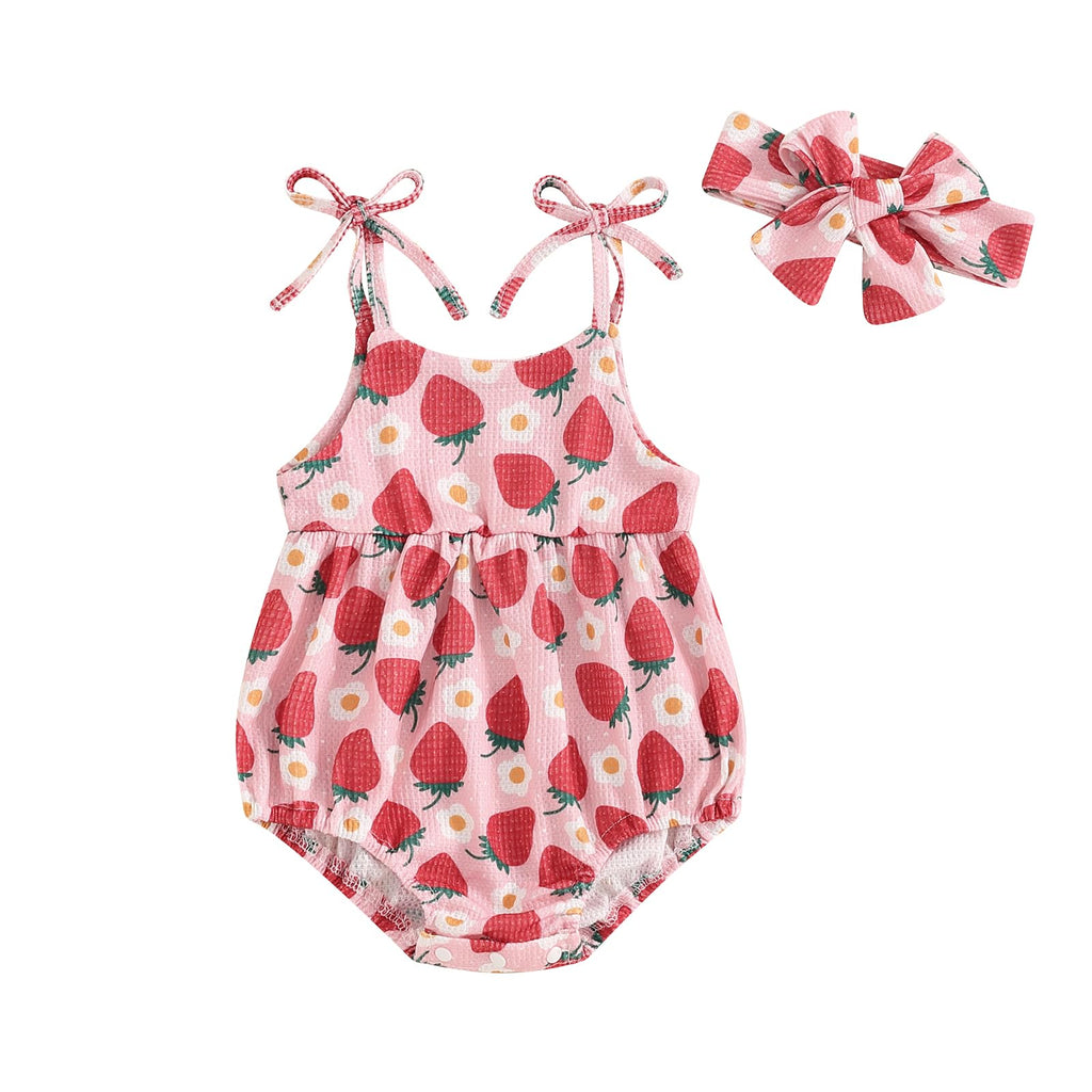 Baby Girl Strawberry Floral Bubble Romper — Sleeveless Onesie with Headband