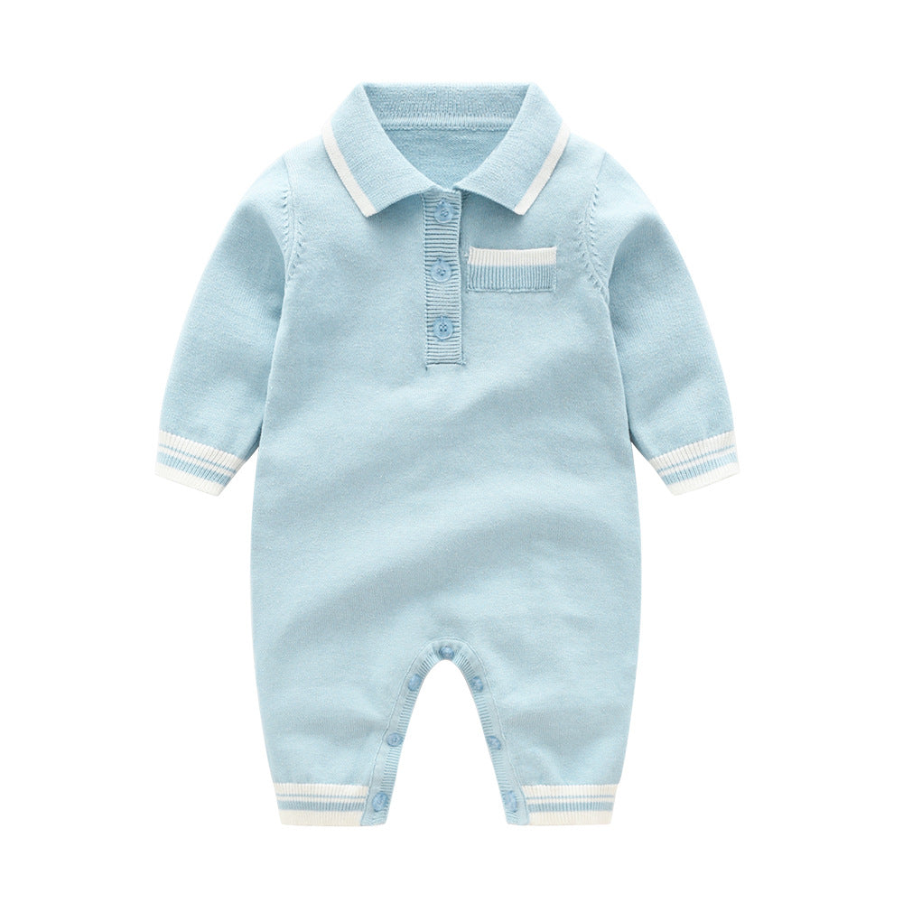 Baby Knitted Romper | 100% Cotton | Autumn Collection | Light Blue, Dark Blue & White