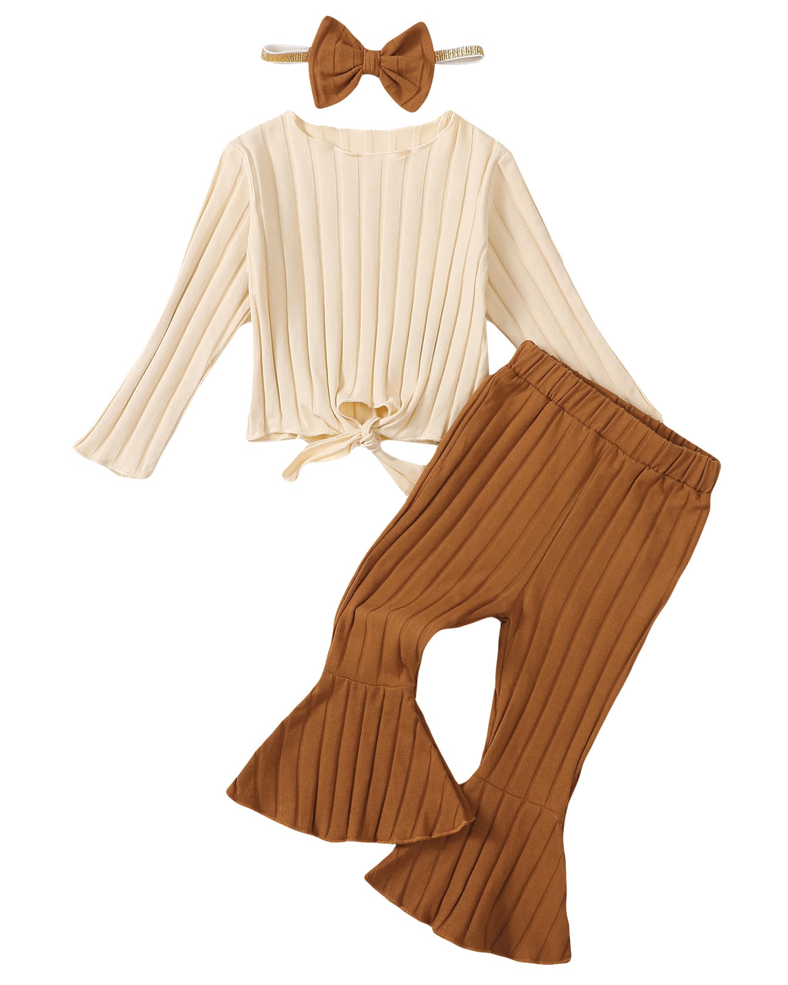 Toddler Girl 3-Piece Outfit Set | Ruffle Top + Bell Bottom Pants + Headband | Ages 2-4T | Brown