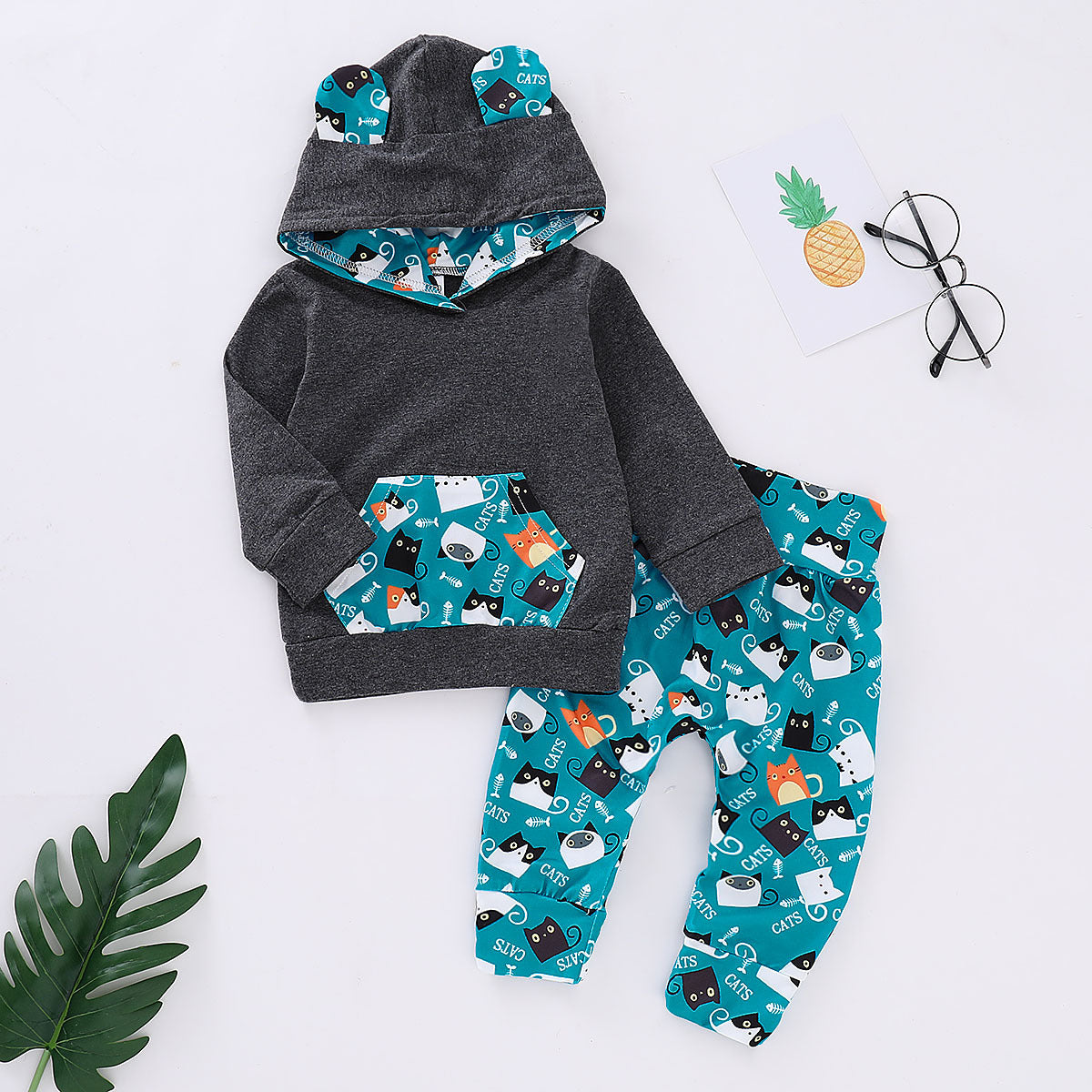 Baby Cat Print Outfit Set – Soft 100% Cotton Top & Trousers (70–100cm)
