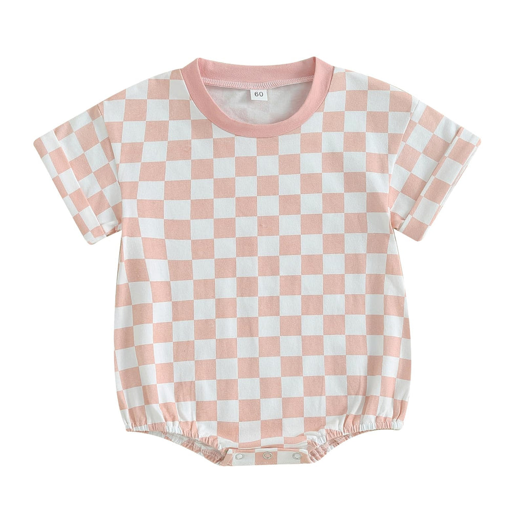 Baby Checkered Bubble Romper — Oversized Short Sleeve Onesie