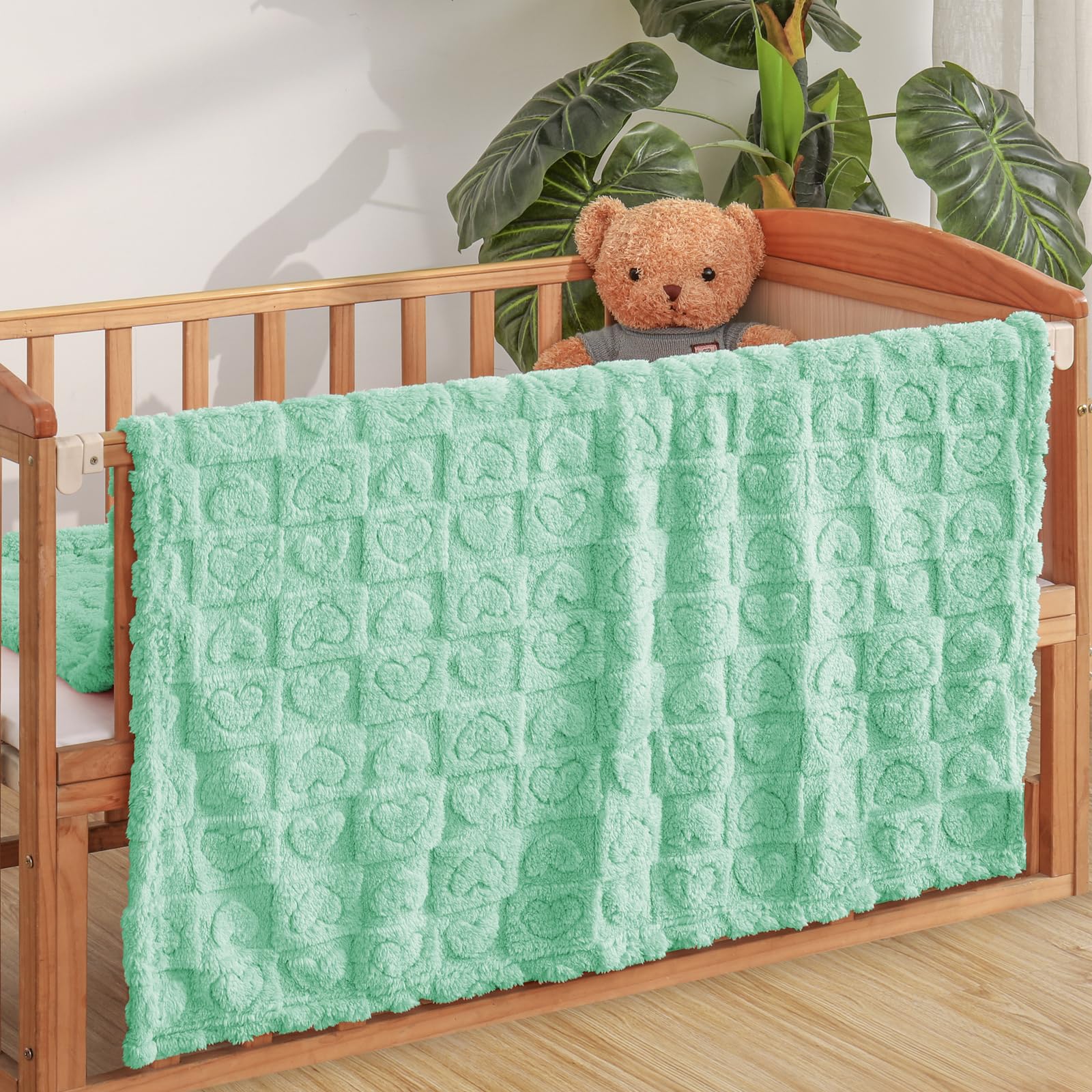 Heart Checkered Baby Throw Blanket — Soft Flannel Fleece, Sage Green