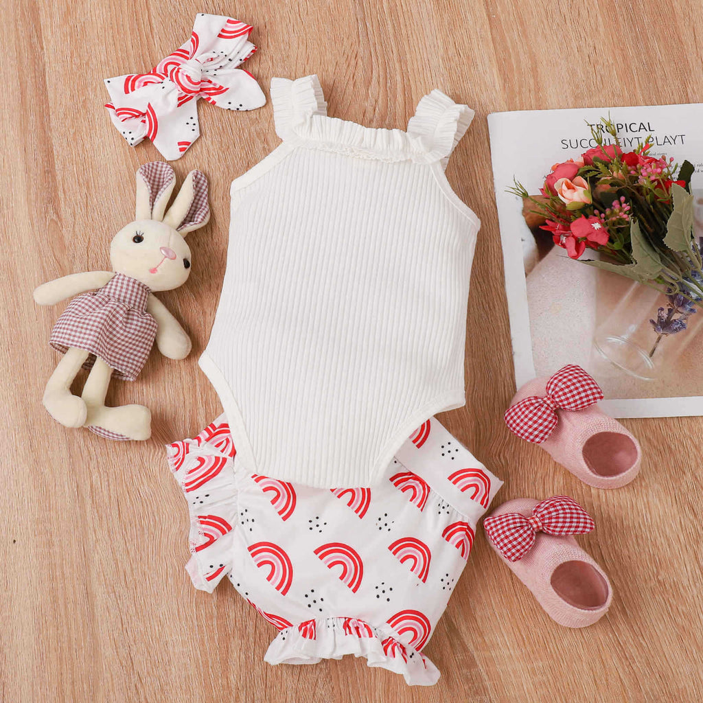 Girls' Rainbow Print Romper — Soft Cotton Summer Outfit with Zipper