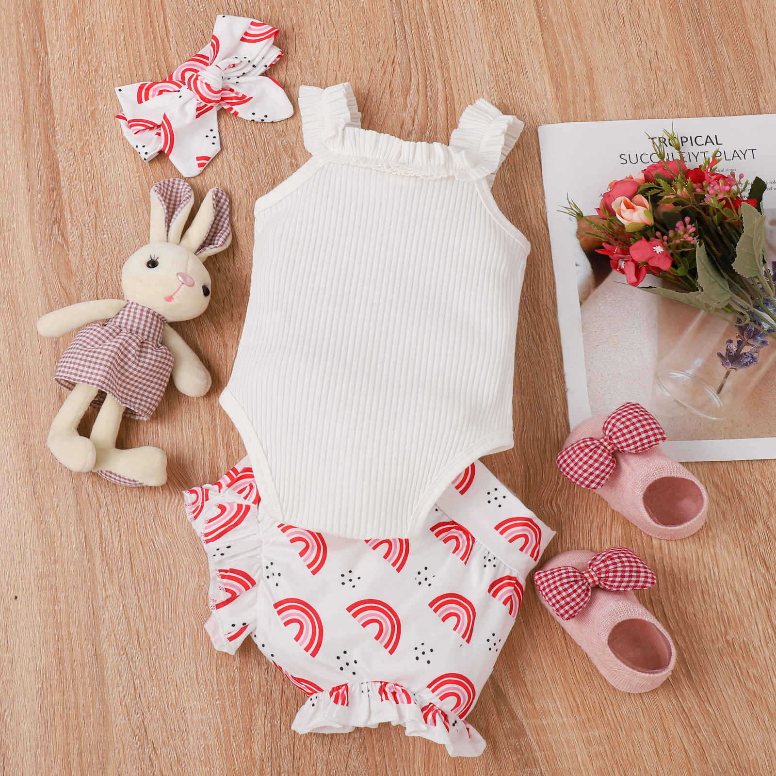 Girls' Rainbow Print Romper — Soft Cotton Summer Outfit with Zipper