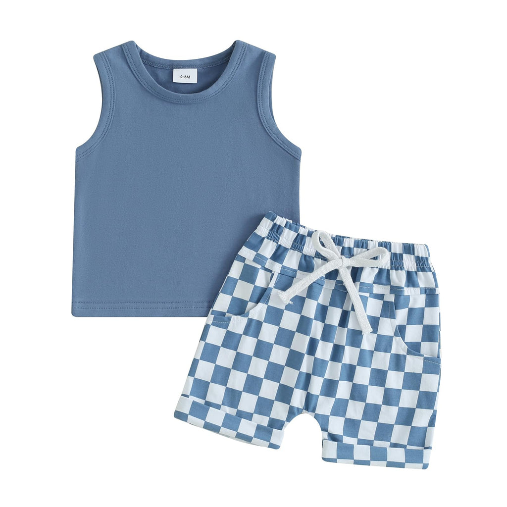 Baby Boy Summer 2-Piece Set | Sleeveless Tank Top & Checkered Shorts